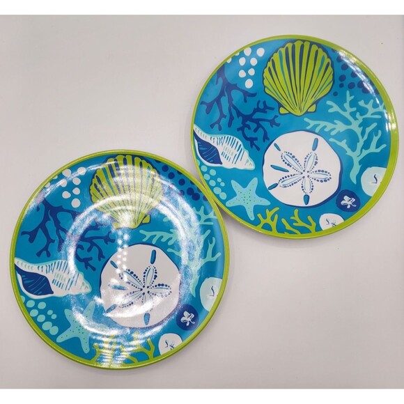Sea Life Melamine 10.5" Dinner Plates Set of 6 Starfish Shells Coral Beach Pool - Picture 5 of 11